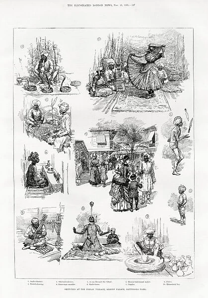 Sketches at the Albert Palace, Battersea showing the Indian village with various traditional arts