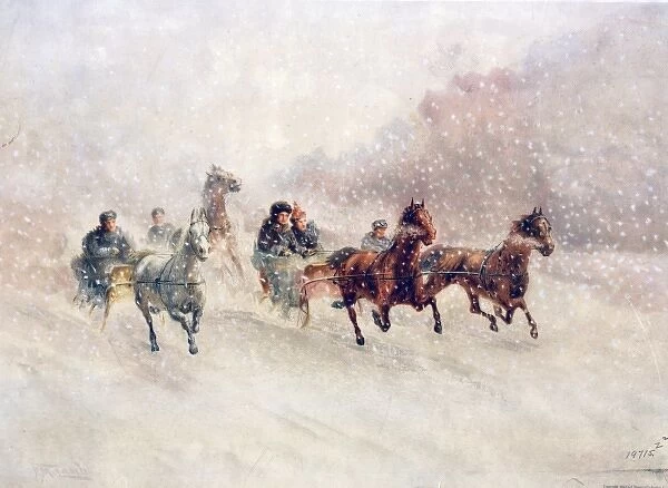 Sleighs pulled by horses running through snow