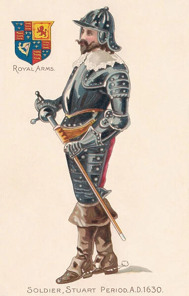 A soldier from the Stuart period, AD1630, and the royal coat of arms