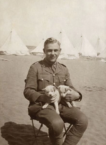 Soldier at camp holding two puppies, WW1