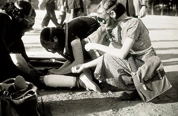 Spain. Civil War. Passive defence exercises with gas masks in Barcelona (November 1938)