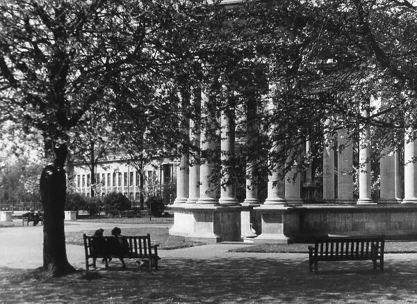 Spring sunshine in Cathays Park, showing people relaxing on benches, Cardiff