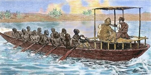 Stanley and Livingstone in a canoe from the village Ujiji in
