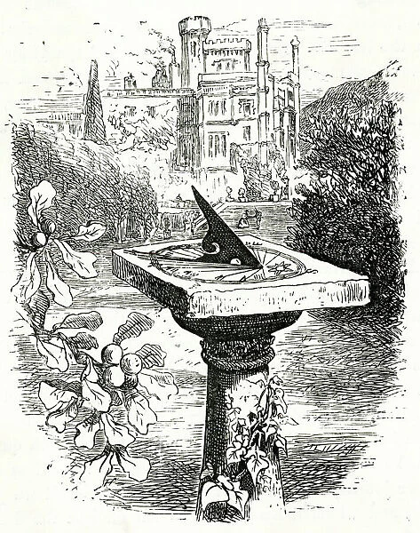 Sundial. A traditional sundial in the garden with a castle in the background Date: 1868