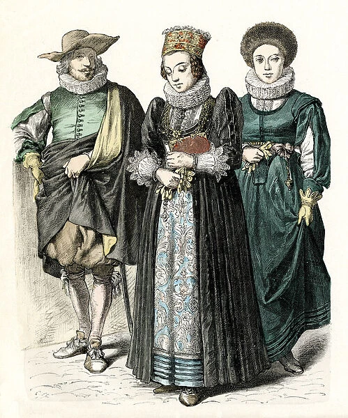 Two Swiss women and a man in costume