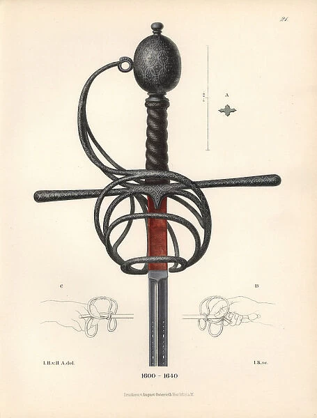 Sword hilt with knob and hook in iron and silver