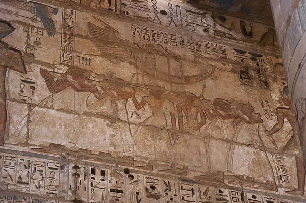 Temple of Ramses III. Sacred solar boat carried by priests