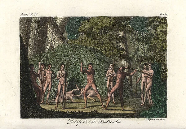 Territorial duels between Botocudo tribesmen, Brazil