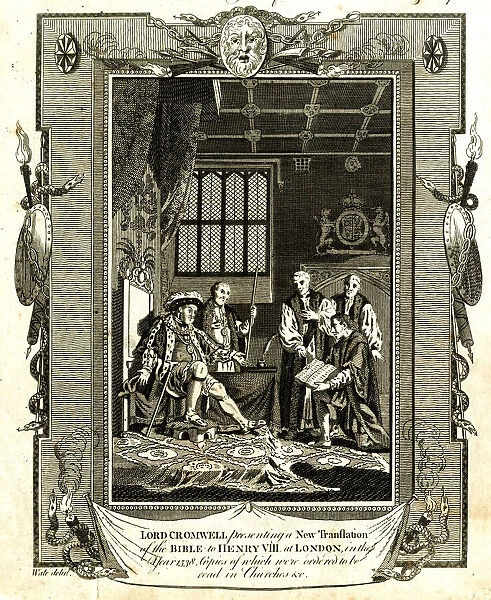 Thomas Cromwell presents translation of Bible to Henry VIII