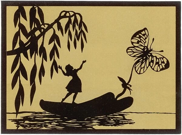 Thumbelina drawn by a butterfly down a stream