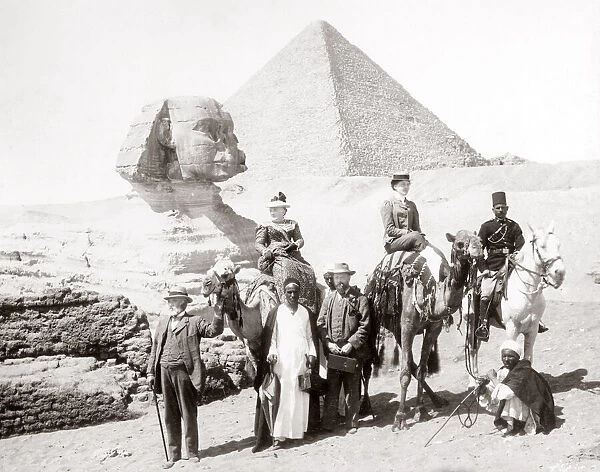 Tourists on camels at the Sphinx, Egypt, c. 1900