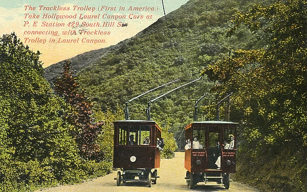Trackless trolley, Laurel Canyon, California, USA
