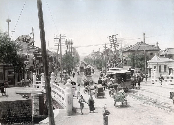 Traffic, trams, telegraph poles, Tokyo, Japan, c. 1890s Vintage late 19th century