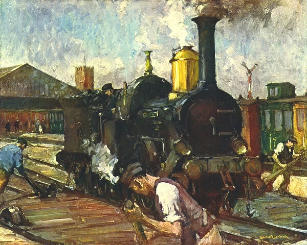 Trains. Painting of steam engine and railway workers mending track