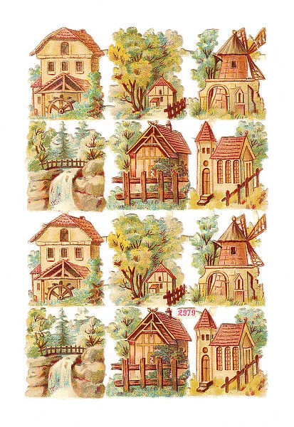 Various buildings and scenes on a sheet of Victorian scraps