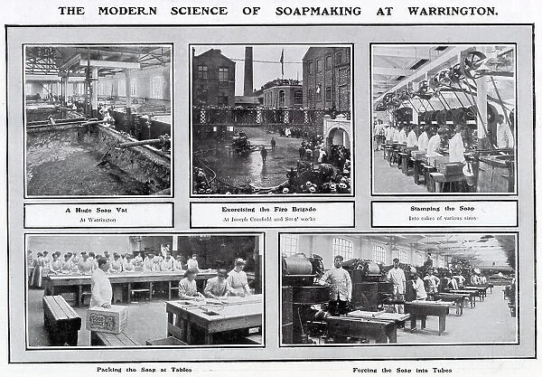 Various stages in order of making the palm oil and vegetable fats into a finely-scented eramic soap in Joseph Crosfield & Sons, Soap Works at Bank Quarry, Warrington, Cheshire. Date: 1907
