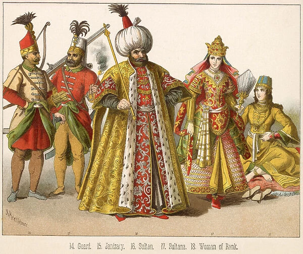 Various Turkish people: a guard, a janizary, a sultan, a sultana