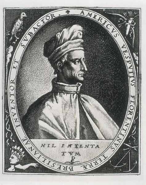 VESPUCCI, Amerigo (1454-1512). Portrait surrounded