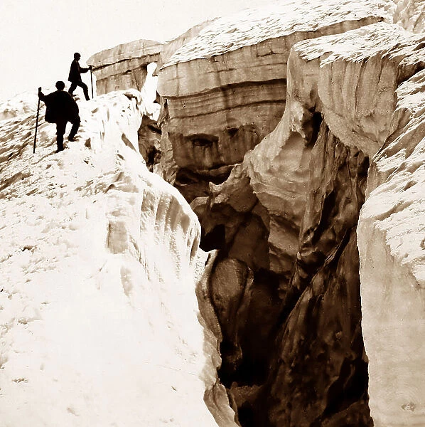 Victorian climbers approaching a crevasse