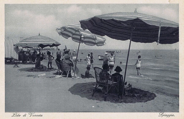 A view of the beach and bathers at the Lido, Venice, 1920s