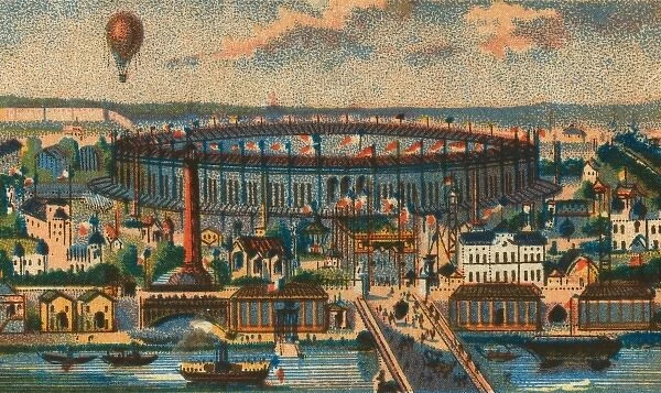 View of the Paris Exposition of 1867 showing waterfront, mai