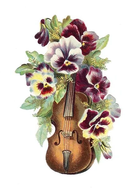 Violin with pansies on a Victorian scrap