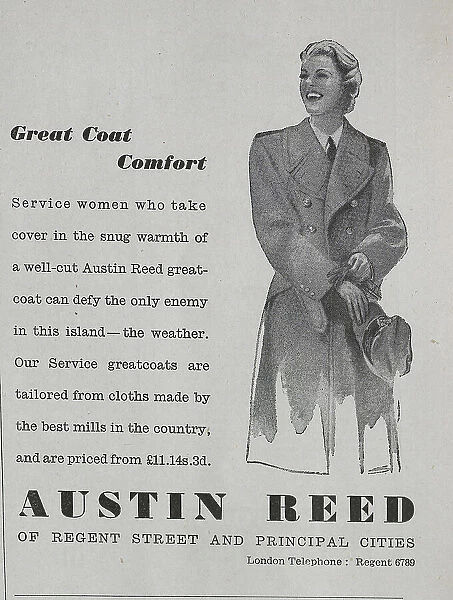 Wartime advert for Austin Reed, promoting their women's greatcoats. Date: 1943