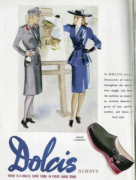 A wartime advert for Dolcis Shoes, emphasising their comfort and durability as well as their 'grace of line'. Date: 1943