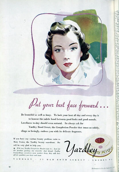 Wartime advert for Yardley Complexion Powder, featuring the face of a nurse. Date: 1943