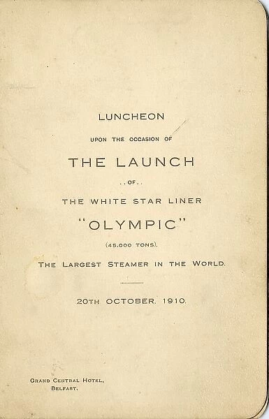 White Star Line - RMS Olympic launch menu