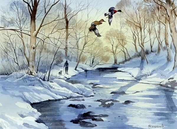 Winter scene with frozen river and two flying ducks
