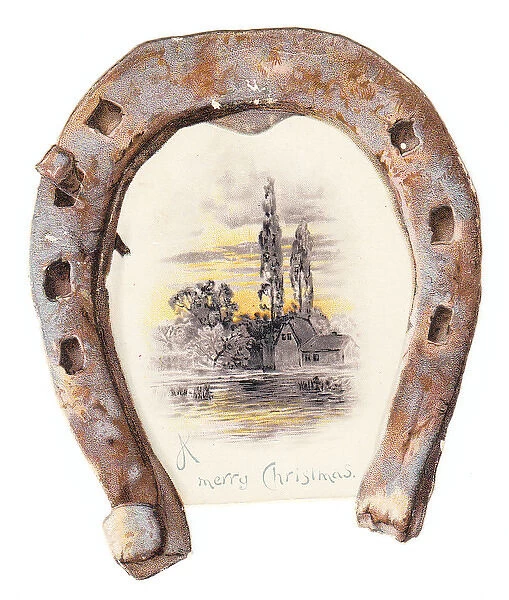 Winter scene and rusty horseshoe on a Christmas card