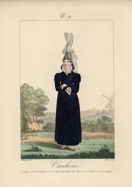 Woman of Caux in tall bonnet with long lace