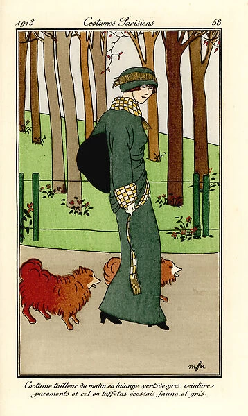 Woman in green wool suit with pet dogs, 1913