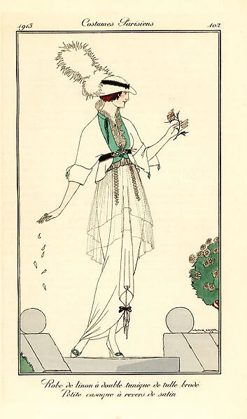 Woman in linen dress with double tunic in embroidered