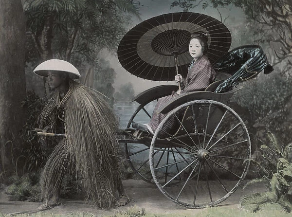 Woman with parasol, rickshaw pulled by man in grass coat