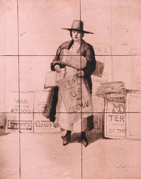 Woman selling newspapers announcing Peace Terms, WW1