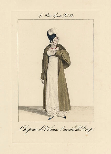 Woman in velvet bonnet and long carrick coat with pelerines