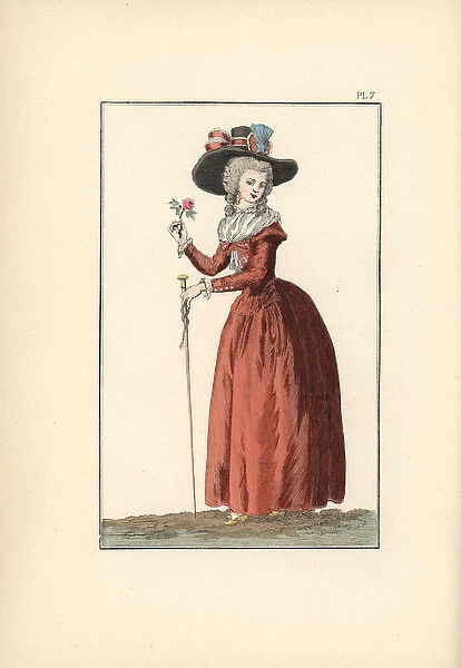 A woman in wine-coloured redingote, holding
