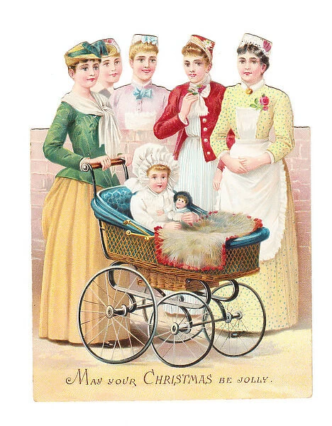 Five women with baby in pram on a cutout Christmas card