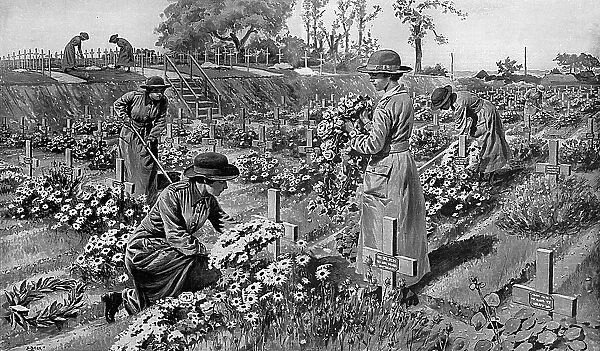 Women gardeners tending soldiers graves, World War One