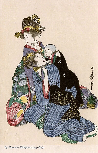 Two women, one with an infant - painting by Utamaro Kitagawa