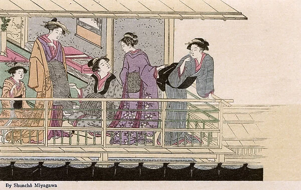 Five women in an outdoor domestic scene by Katsukawa Shuncho