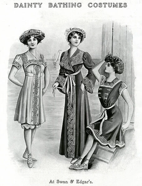 Three women wearing braided bathing frocks suitable for the summer months