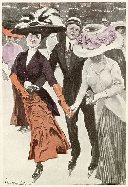 Two women, each wearing extravagant hats, and a man go ice skating. Date: 1910