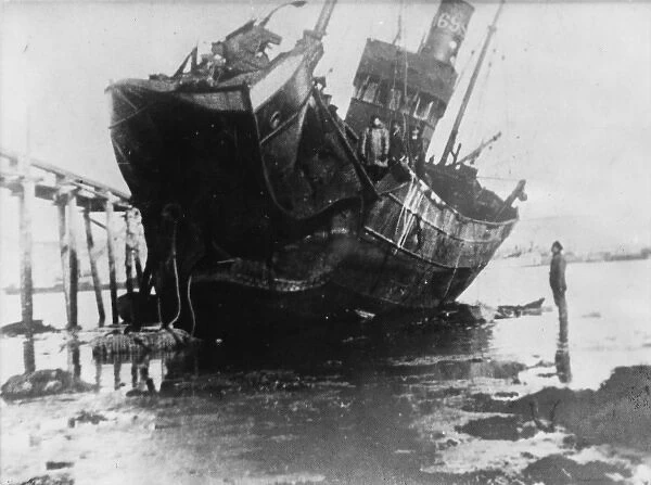 Wrecked boat hit by a mine