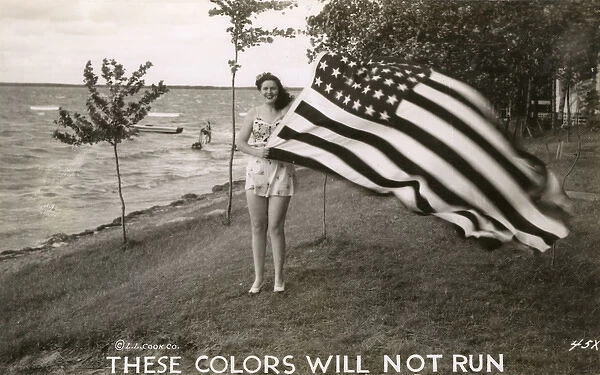 WW2 - American Patriotic Postcard - Woman holding Flag