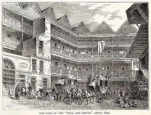 The yard at the Bull and Mouth Inn, in St Martins-le-Grand, London. Date: circa 1820
