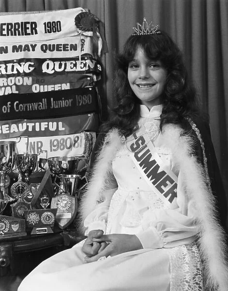 Young beauty queen with all her trophies, Cornwall