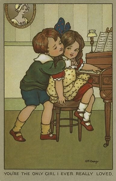 Young boy hugs a girl at the piano by Florence Hardy